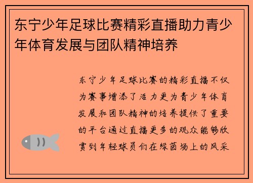 东宁少年足球比赛精彩直播助力青少年体育发展与团队精神培养